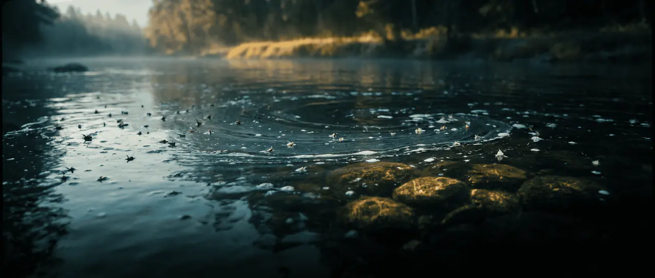 Macro view of a cold stream surface film at dawn with a nymph silhouette suspended below the meniscus
