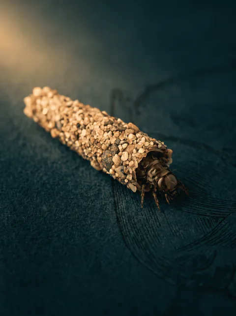 Specimen plate: caddisfly larva in a portable case of cemented sand grains, with hardened head and legs protruding from the open end.