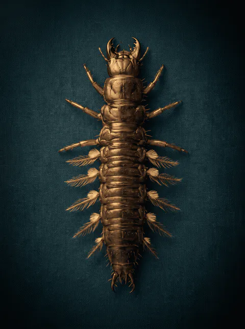Specimen plate: hellgrammite, the aquatic larva of a dobsonfly, showing heavy mandibles and eight pairs of lateral filaments down the abdomen.