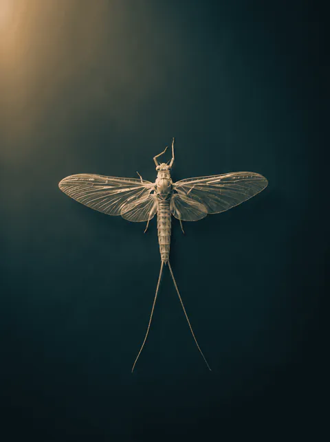 Specimen plate: spent mayfly spinner seen from above with clear glassy wings spread flat to both sides and tails longer than the body.