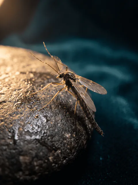 Specimen plate: adult non-biting midge with two clear narrow wings, raised forward legs and conspicuously plumed feathery antennae.