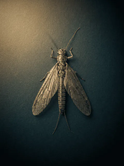 Specimen plate: adult stonefly in dorsal view with wings held flat and parallel along the body, long antennae forward and two short tails.