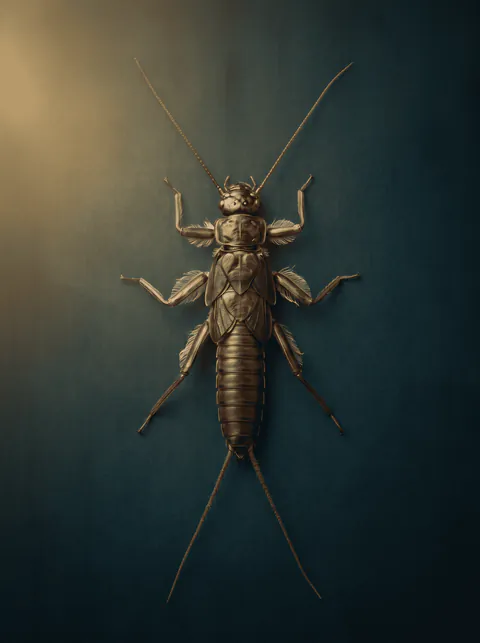 Specimen plate: stonefly nymph in dorsal view with two tail filaments, two long antennae, and thread-like gills at the thorax rather than along the abdomen.